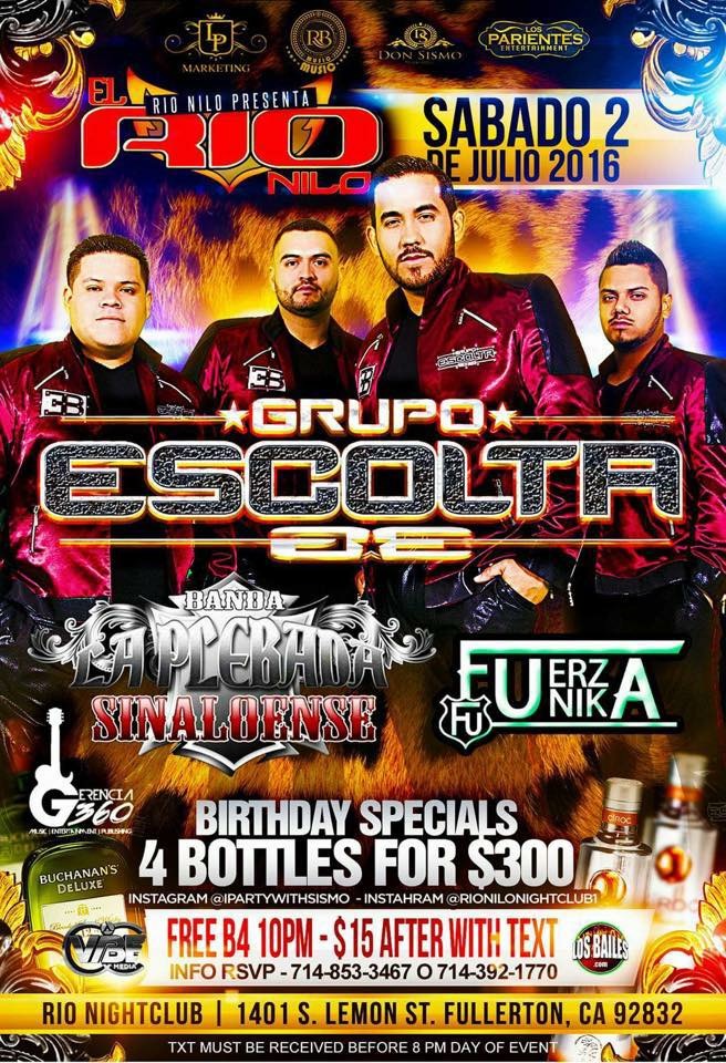 GRUPO ESCOLTA Tickets - The El Rio Nilo Night Club on July 02 2016 in  Fullerton - Ticketon